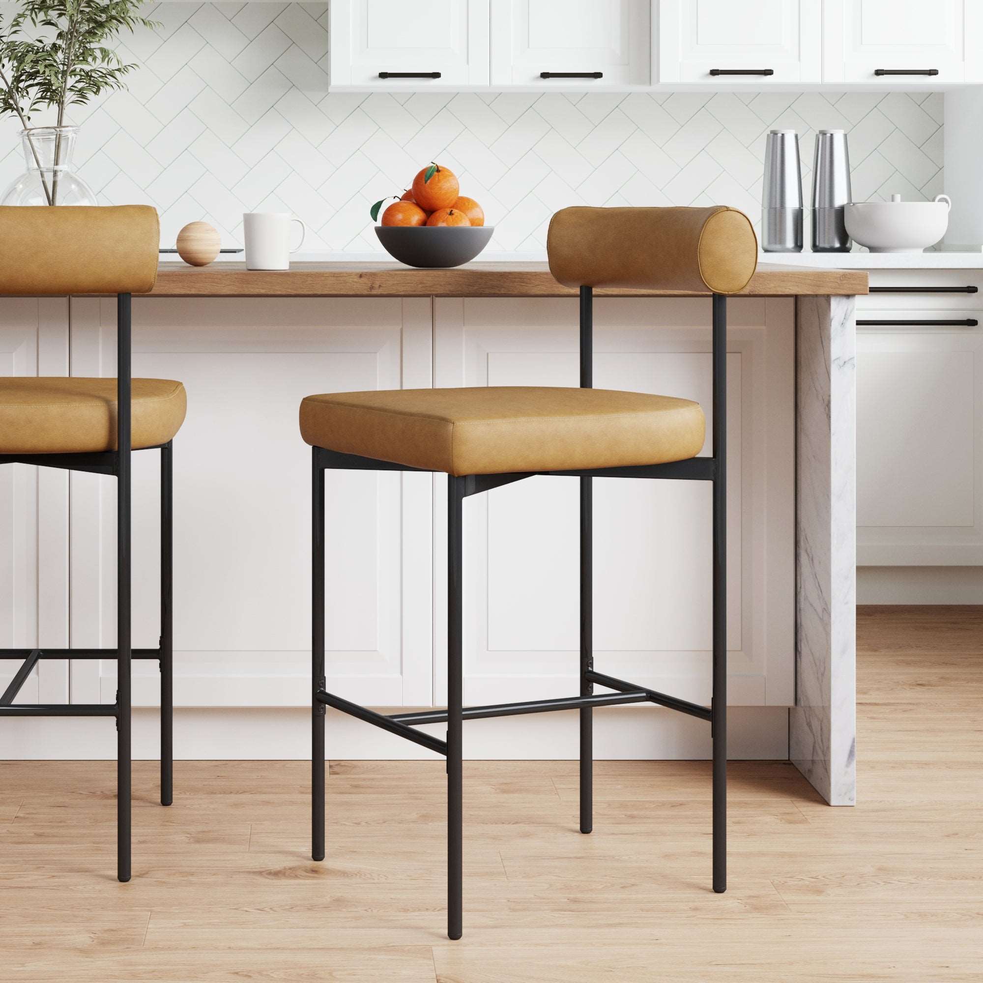 Metal Upholstered Counter Height Bar Stool Light Brown-Matte Black