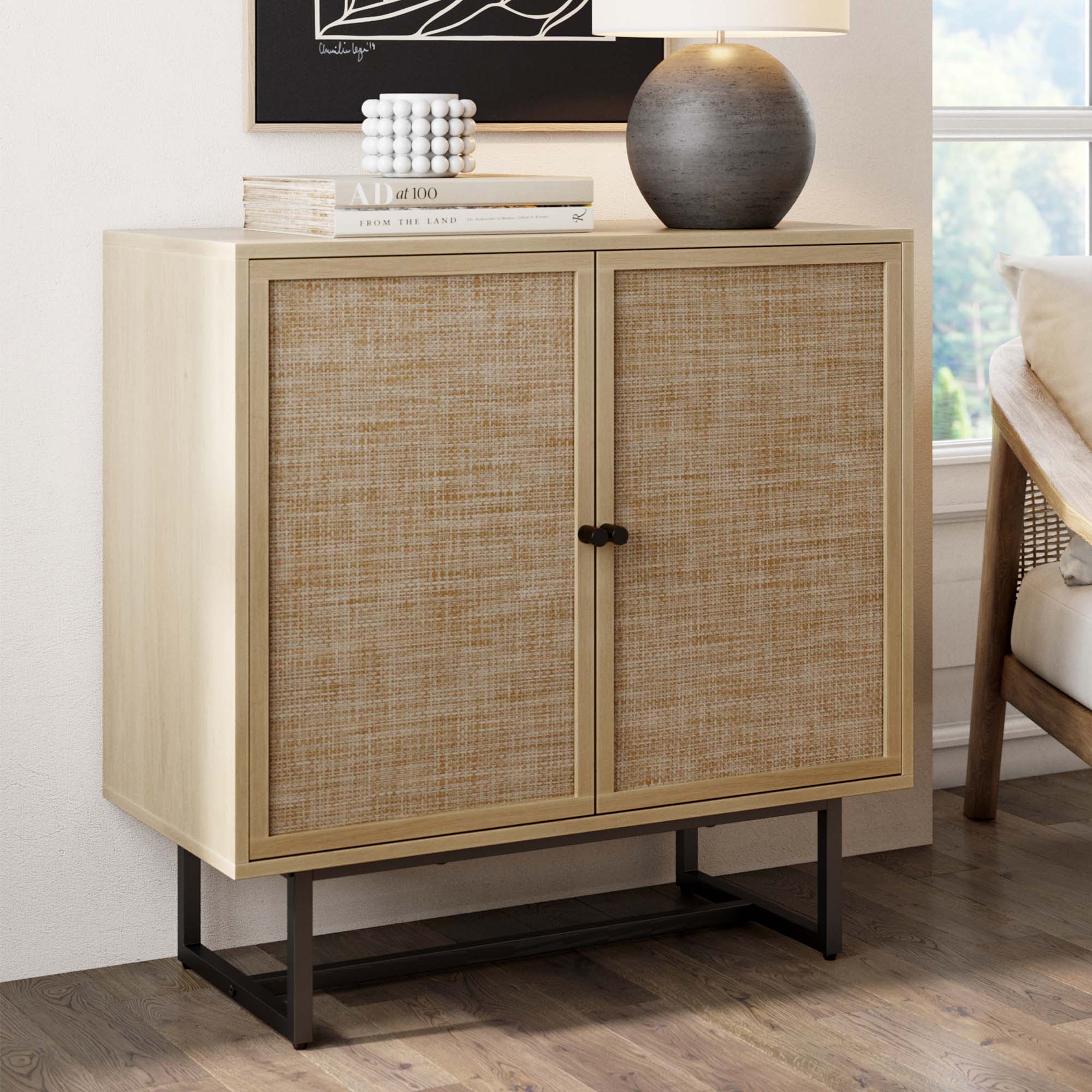 Wood & Rattan 2-Door Storage Cabinet | Kova Light Oak-Rattan-Matte Black